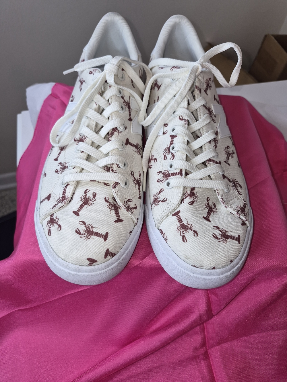 New Balance White Canvas Sneakers with Brown Lobster Print.